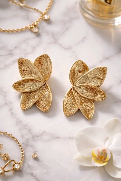 mos&more Gold Yarım Çiçek Plaka Kadın Küpe Uzunluk 4cm