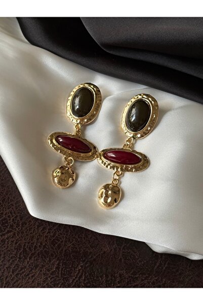 PALICE Sway Bordo&Yeşil Taşlı Dövme Gold Oval Sallantılı Küpe