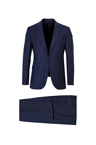 Abdullah Kiğılı 7 دروب قصة ضيقة بدلة صوفية مربعة النقشات ذات قصة ضيقة