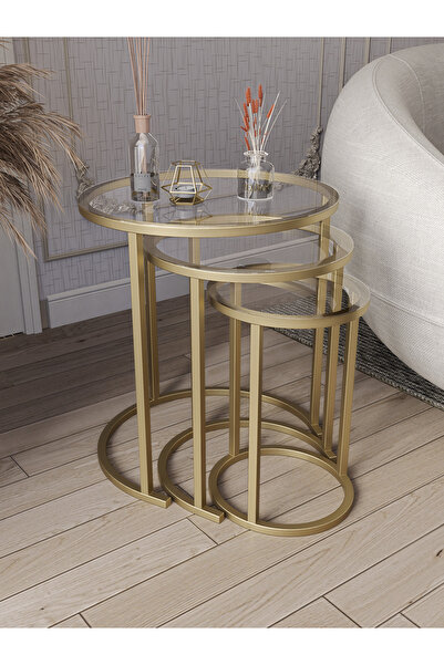 Dekoport Milas Mat Gold (ESKİTME) Zigon Sehpa - Temperli Şeffaf Cam