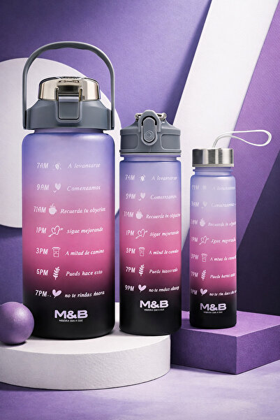 M&B WATER BOTTLE 3'lü Motivasyonel Matara Seti - Günlük Spor Kamp Su Matarası...