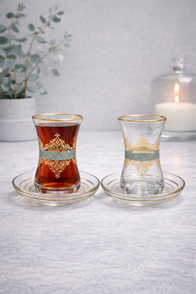 Elen Hediyelik Lace Belly Engraving Tea Set Turquoise