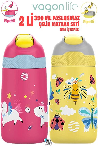 Vagonlife 2'Lİ SET 350 ML Çocuk Pipetli Çelik Matara Paslanmaz Çelik Termos 5...