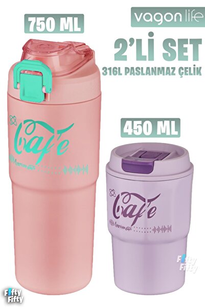 Vagonlife 2'li Çelik Termos-Kahve Bardağı Seti 750ML Çift Kullanım Termos//45...
