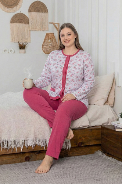 Farya Home Büyük Beden Pamuklu Cepli Çiçekli Önden Düğmeli Pijama Takımı