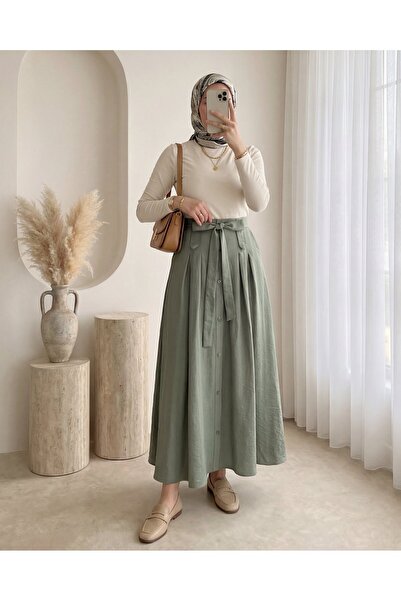 Modamorfo Lace-Up Parachute Skirt with Front Buttons - Khaki