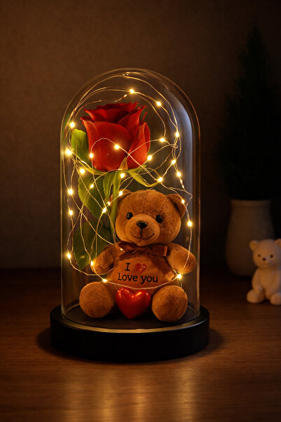 ALSHOP I Love You Yazılı Ayıcıklı Sevgililer Günü Işıklı Lüks Ledli Fanus Hed...