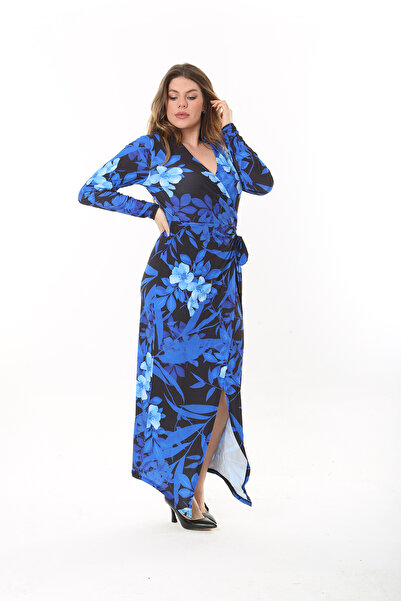 Şans فستان طويل بياقة قميص ساكس مقاس كبير للنساء 65N37548