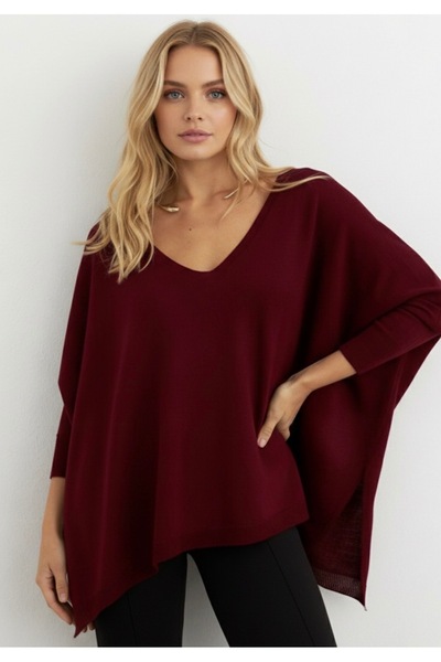 Be Best بلوزة نسائية فضفاضة بياقة على شكل حرف V باللون العنابي BE285