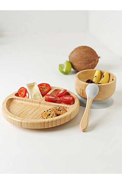 PlateraShop Детски сервизен комплект от бамбук с неплъзгаща се основа - 3 кръ...