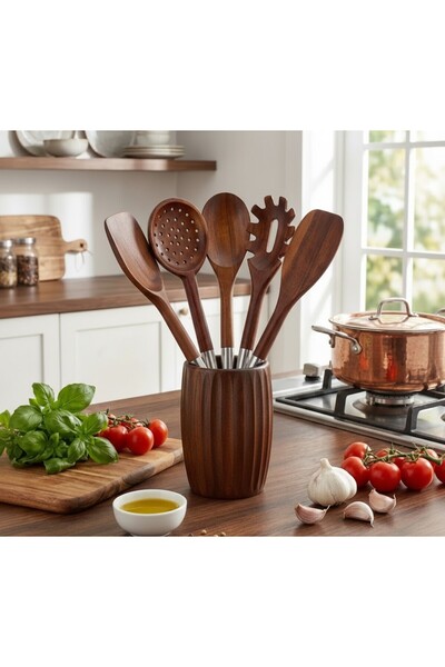Ogeda Home, Mien Akasya Ahşap Kaşık Seti ve Kaşıklık – Krom Saplı 5 Parça Mut...