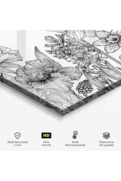 Arthub Panou Sticla Bucatarie, Protectie aragaz, Termorezistent, Flori, Black Line Plant