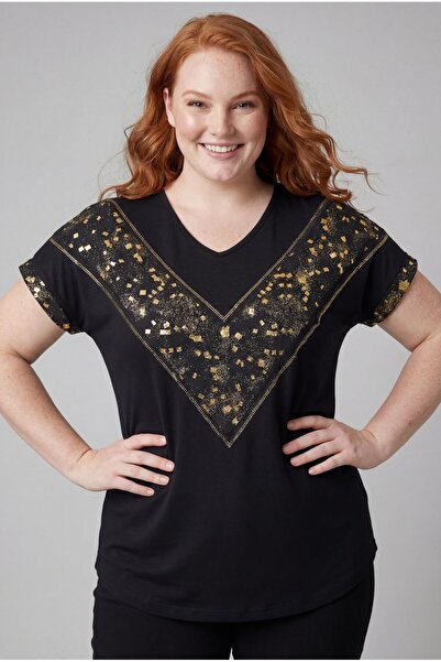 Ebsumu Kadın Büyük Beden Gold Desen Taş Detay Bluz