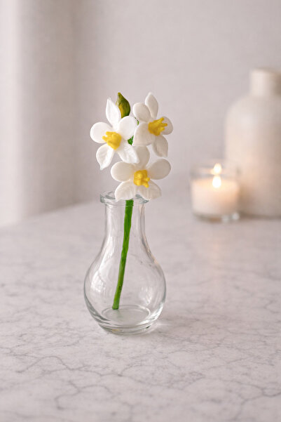 ADAMODART Beyaz Orkide Çiçeği El yapımı Cam Biblo Mini Vazolu
