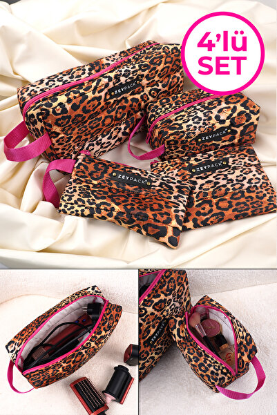 zeypack Leopar Desenli Makyaj Çantası Seti 4'lü Valiz Organizeri
