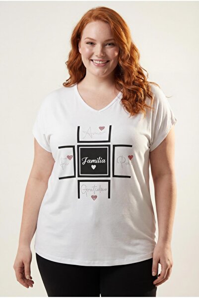 Ebsumu Γυναικεία λευκή μπλούζα με στάμπα Familia Plus Size