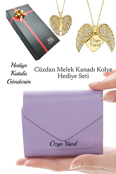 Ayleen Ayz İsme Özel Kadın Lila Deri Zarf Cüzdan ve İsimli Melek Kanadı Kolye...