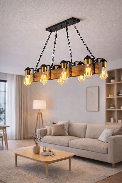 ONUR AVİZE Retro Vintage Eskitme  ve Modern SÜVARİ Ahşap 8'li Rustik Aydınlat...