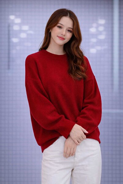 UZÇE MODA Red color crew neck Oversized women's knit sweater
