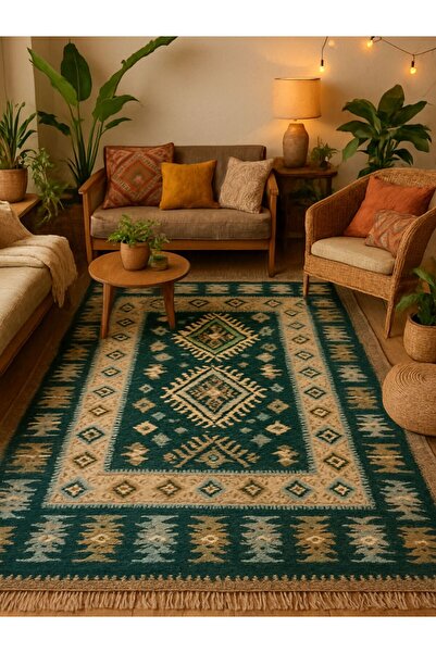 OEM Covor tradițional, dimensiune 140 x 210 cm, verde și crem, model Rustic