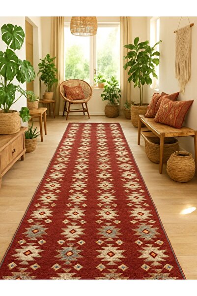 OEM Covor tradițional, dimensiune 80 x 300 cm roșu și crem, model rustic 3