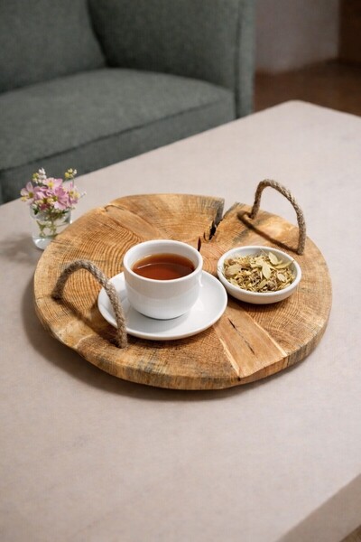 Rustikhane Doğal Ahşap Kütük Dilimi Sunum Tepsisi Masif El Yapımı Dekoratif T...