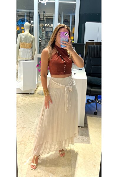 ŞEYMA KANDEMİR Krem Bağlama detaylı İpek Etek