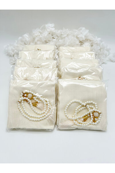 LenaToptan 10 Adet Krem Flamlı Eşarp ve Tesbih Seti Hac Umre Mevlid Hediyelik