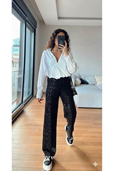 QETEENN Γυναικείο φαρδύ παντελόνι με ελαστική μέση και παγιέτες