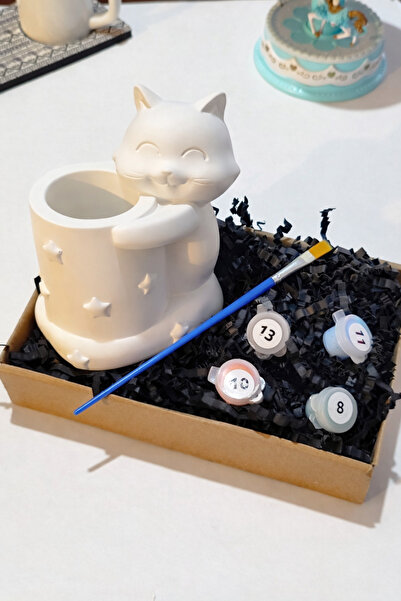 Denic Tasarım Taş Boyama Seti-Sevimli Kedi-Boya-Fırça- Kalemlik-Biblo- Çok am...