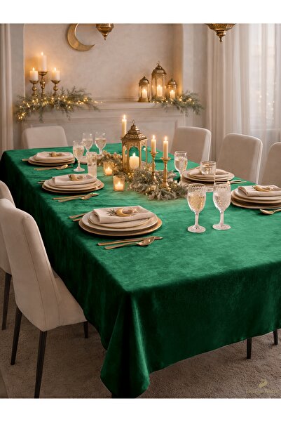 Demor Home Kadife Dokulu Çam Yeşili Dertsiz Masa Örtüsü