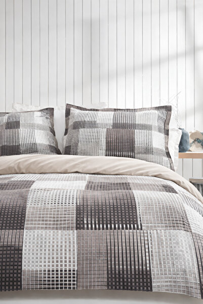 remtex Modern Kare Desenli Çift Kişilik Nevresim Takımı – Gri Bej Tonlar, 4 P...