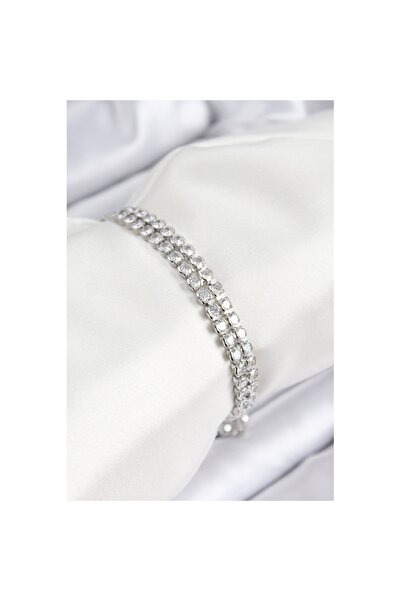 Skygo سوار نسائي من النحاس والزركون بحجر مزدوج الصفوف موديل فضي اللون - TJ-BB...