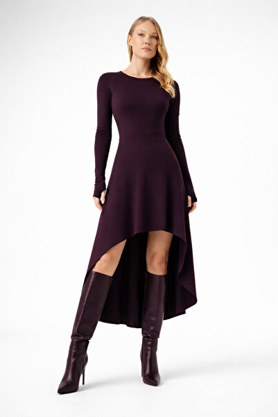 By Yaren Yazıcı Plum Dark Mulberry Crew Neck Asymmetrical Midi Dress with Glo...