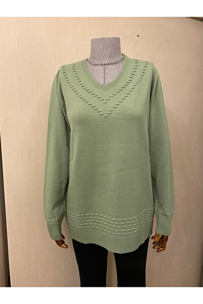 TEK V Yaka Triko Desenli Anne Bluz Kazak / Mint Yeşil