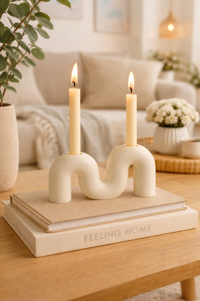 Mios Home Modern Dalga Formlu İkili Dekoratif Şamdan Mumluk Biblo