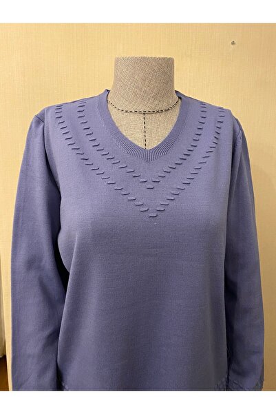 TEK Tricotaj cu decolteu în V Pulover Bluză Mamă cu Motiv / Albastru Indigo