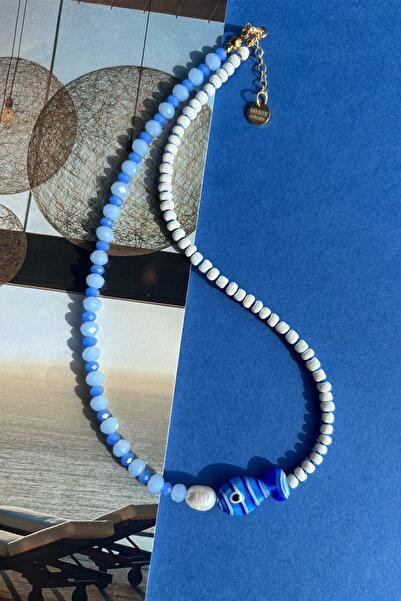 Merse Atelier Açık ve Koyu Mavi Kristal ve Beyaz Kum Boncuklu İncili Murano B...
