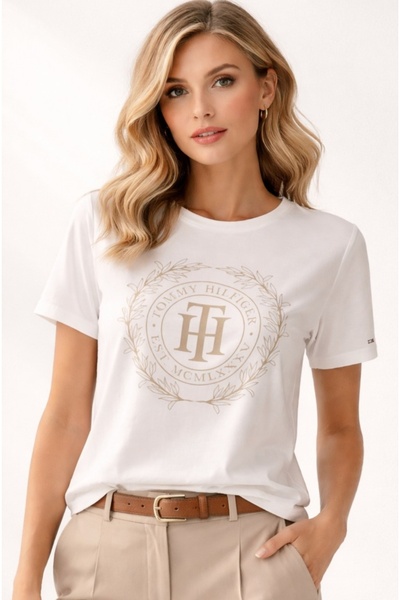 Tommy Hilfiger تي شيرت من جلد الغزال مطرز بقصة عادية