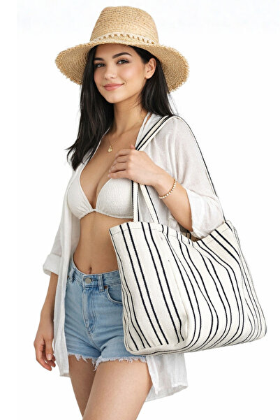 Woys Bags Woys Siyah Çizgili Desen Dokuma Plaj Çantası