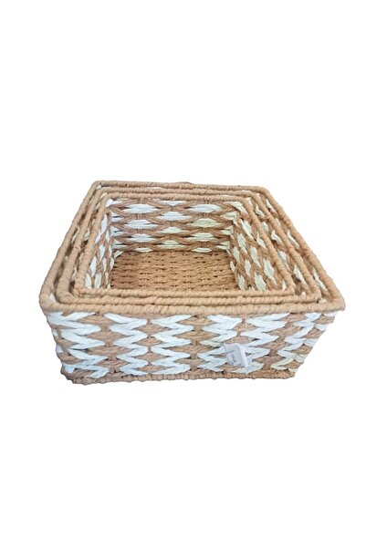 Kanonik Education Square Knitted Patterned Natural Wicker Basket Set - 3 Pieces