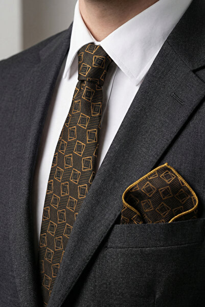 Milleniva Geometric Pattern Brown Tie & Handkerchief