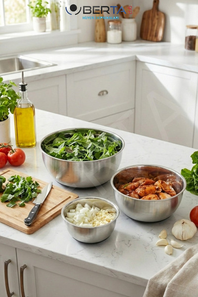 Berta Hijyen 3'lü Paslanmaz Çelik Karıştırma Kabı Seti - Hamur Yoğurma ve Sak...