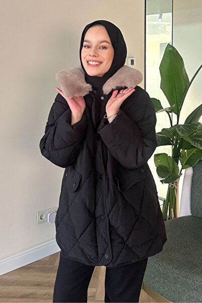 Ovn. Rivière Baklava Desenli Yakası Kürklü Mont - Siyah