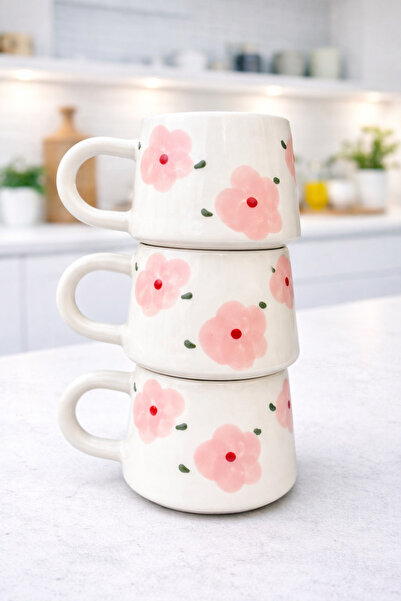 BB TRADE Handmade 3-Piece Pink Floral Patterned Ceramic Mug 200 ml