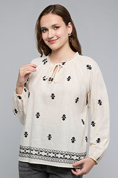 R&B Embroidered Top with Tie-Up Neck and Puff Sleeves