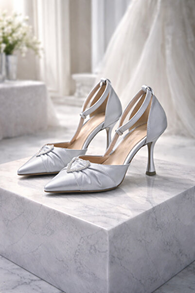 Firibu White Satin Bridal Shoes |   Ankle Strap Pointed Toe Stone Buckle 7 cm