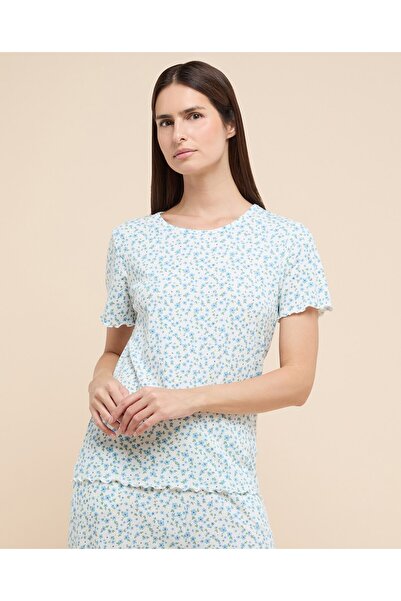 R&B Printed Sleep Top with Crew Neck and Short Sleeves