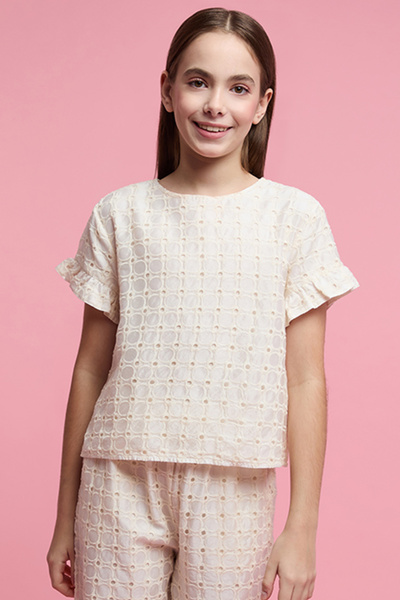 R&B Schiffli Top with Crew Neck and Short Sleeves