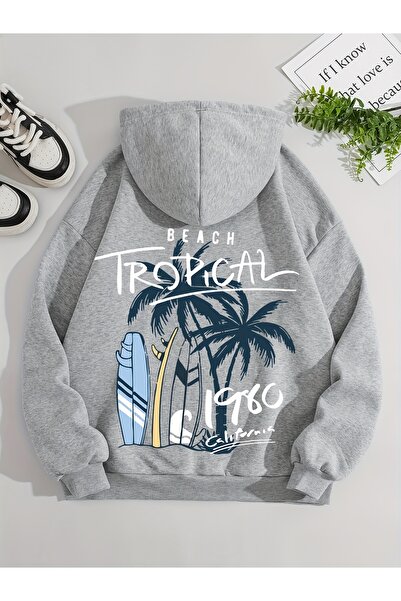 Deocept Hanorac unisex cu glugă, cu imprimeu tropical, cu buzunar tip cangur,...